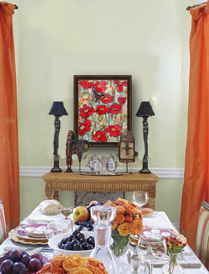 collect dining room wall decor from https://www.etsy.com/listing/64542206/original-red-poppy-painting-16x20 red poppy art with coral butterfly