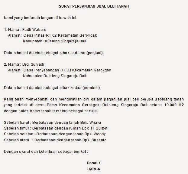 Contoh Surat Perjanjian Jual Beli Tanah Atau Rumah Sharing