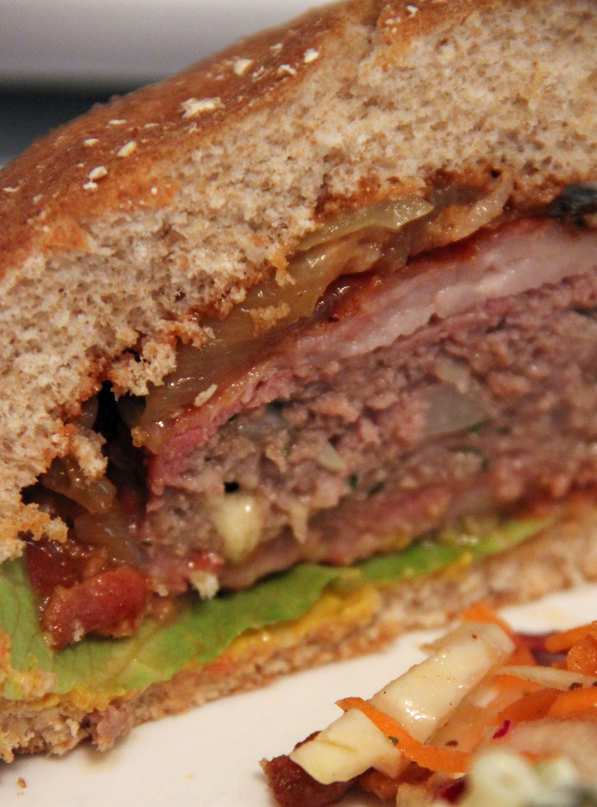 Jo and Sue Cheese Stuffed Bacon Wrapped BBQ Burgers With Caramelized