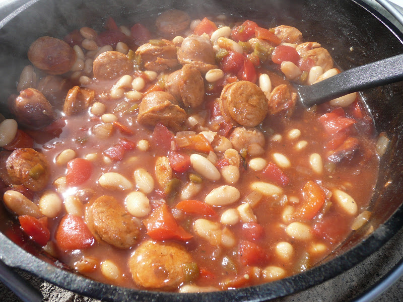 Everyday Dutch Oven Baked Barbecue Beans and Spicy Sausage