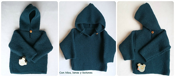 Con hilos, lanas y botones: jersey con capucha para bebé