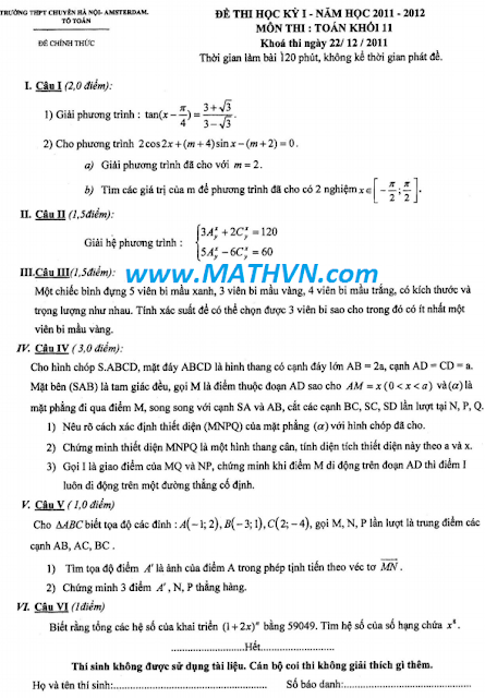 Dap an de thi hoc ki 1, Toan 10 11 12, ha noi amsterdam