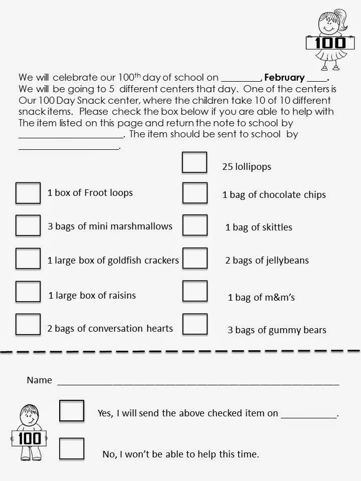  100 Day Snack Letter To Parents