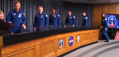 Shuttle Discovery’s Mission STS-133 arrive to the media conference – 9 March 2011. NASA, 2011.