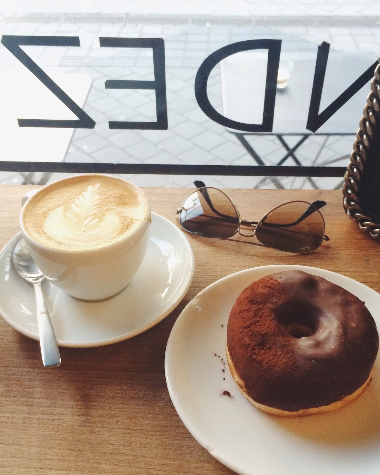 fernandez and wells, doughnut, chocolate doughnut, cappuccino, latte art, london cafe