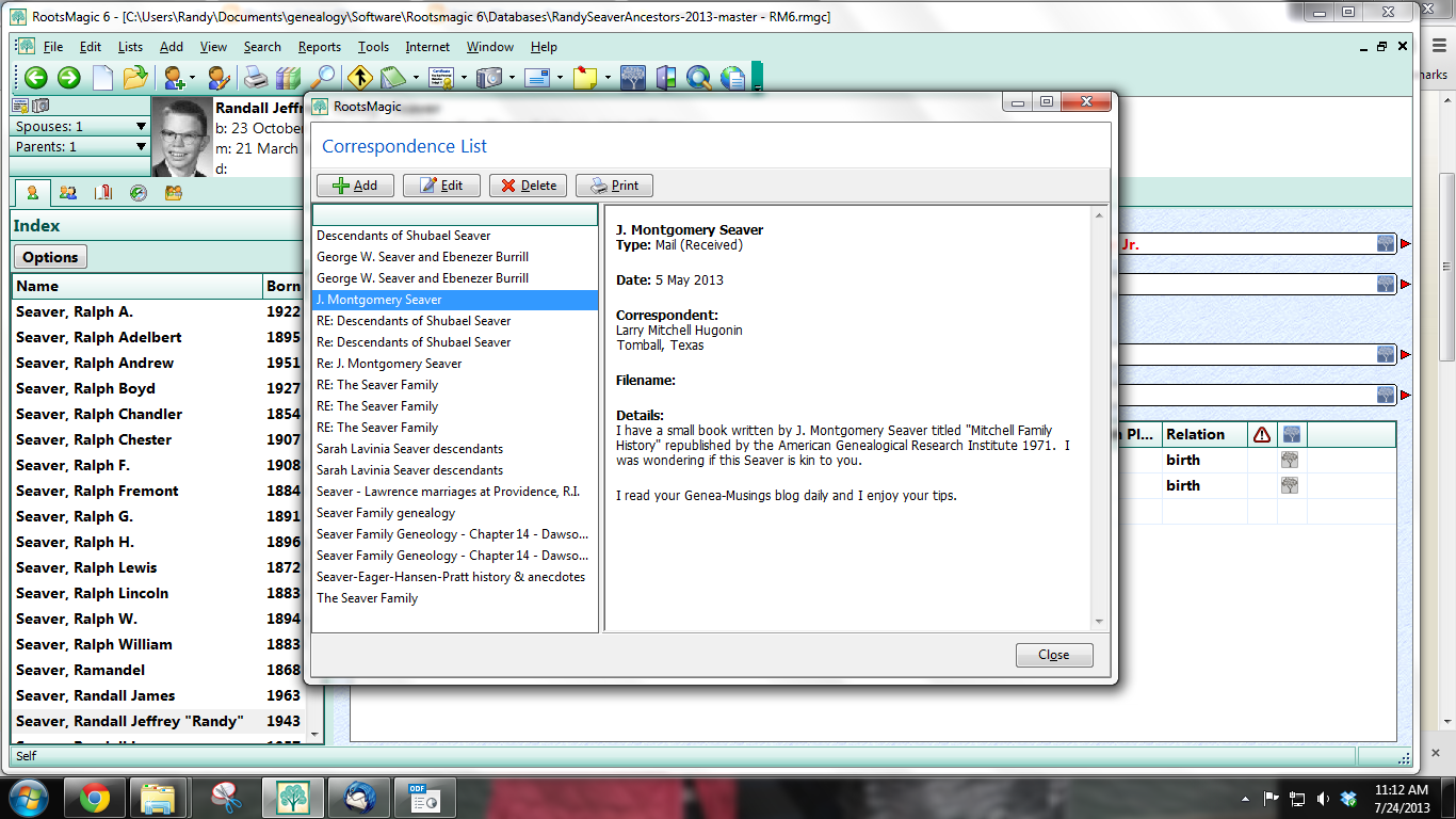 GeneaMusings Using the Correspondence List in RootsMagic