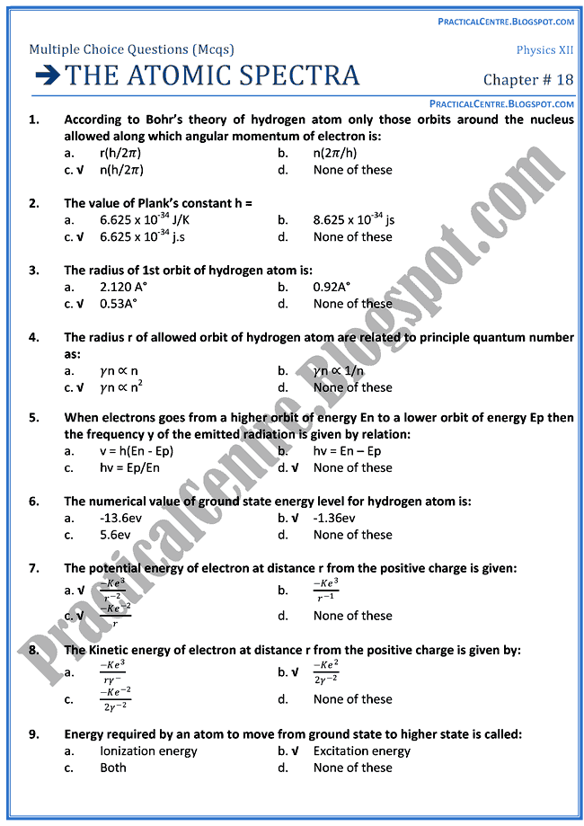 the-atomic-spectra-mcqs-physics-12th