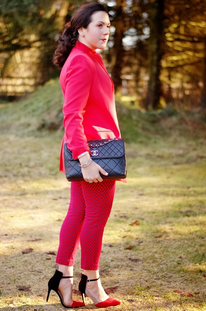 Red BCBG Andres Cutaway blazer and Old Navy Diva pants