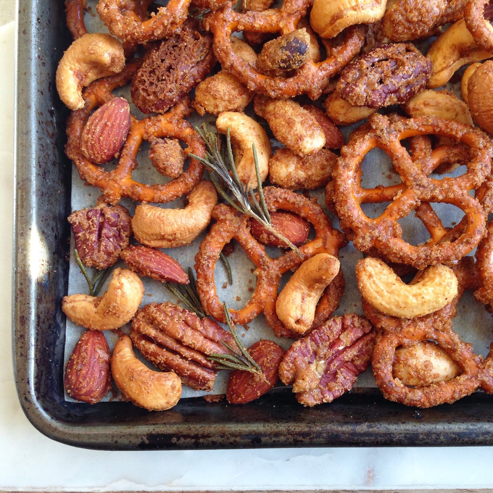 all kinds of lovely eat maple rosemary spiced pretzel & nut mix