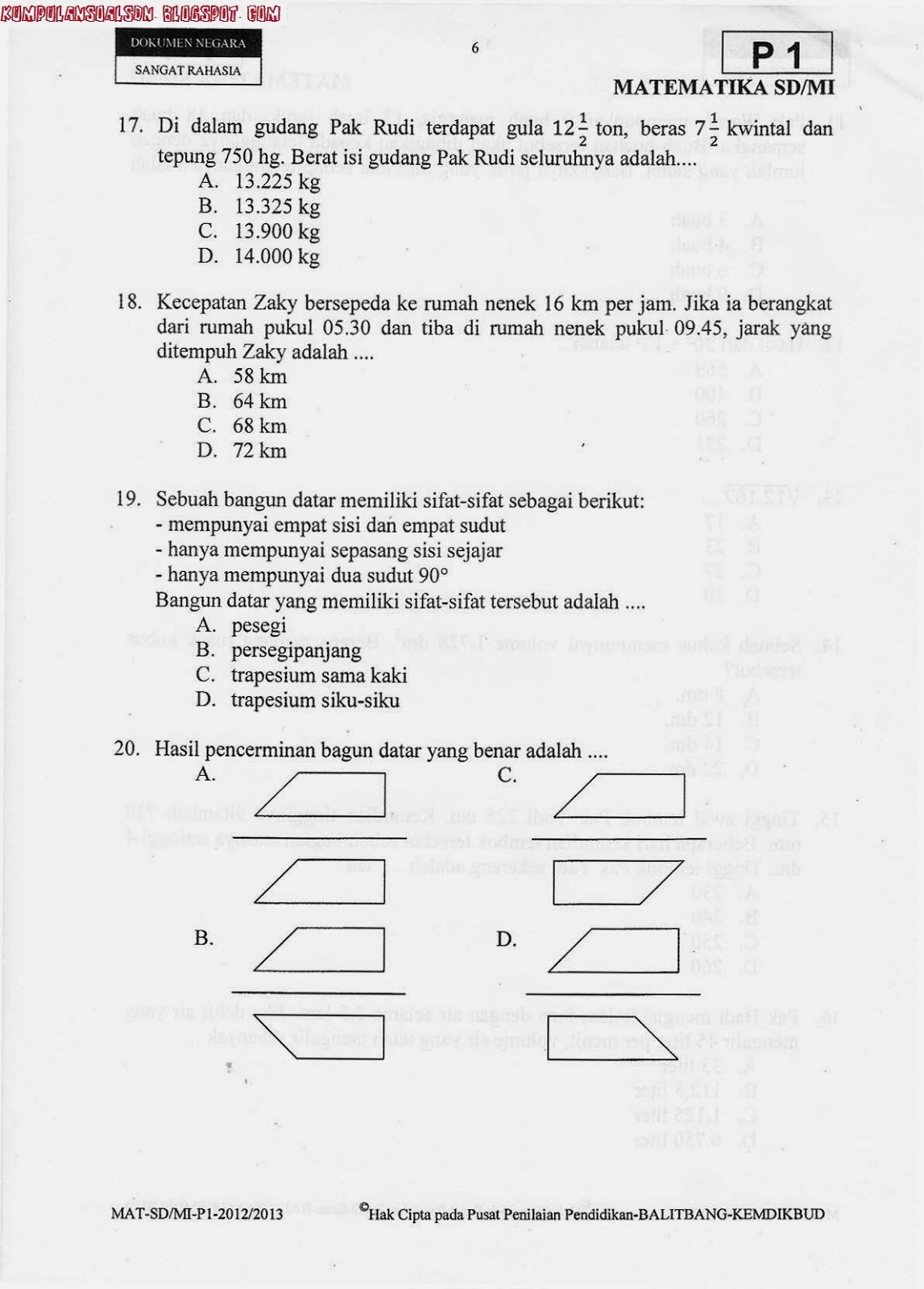 Soal UN Utama Matematika Kelas 6 SD TA 2012/2013 | Portal Download