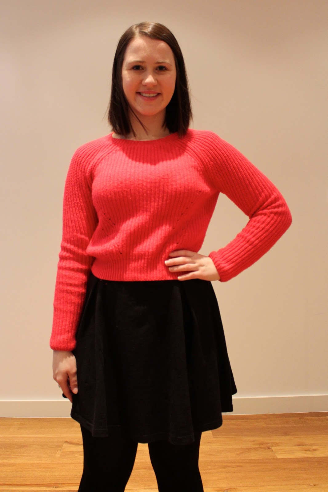 Winter Outfit Black Skater Skirt Pink Cropped Sweater Opaque Tights Winter Outfit Black Skater Skirt Pink Cropped Sweater Opaque Tights