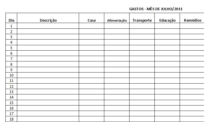 planilha de gasto mensal