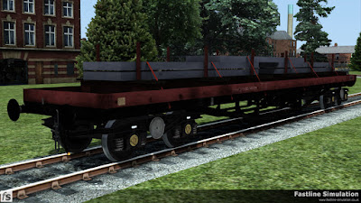 Fastline Simulation: Built to the final design code used for the BDA conversions, BD006D, this bolster has faded Railfreight livery and a load of steel slabs.