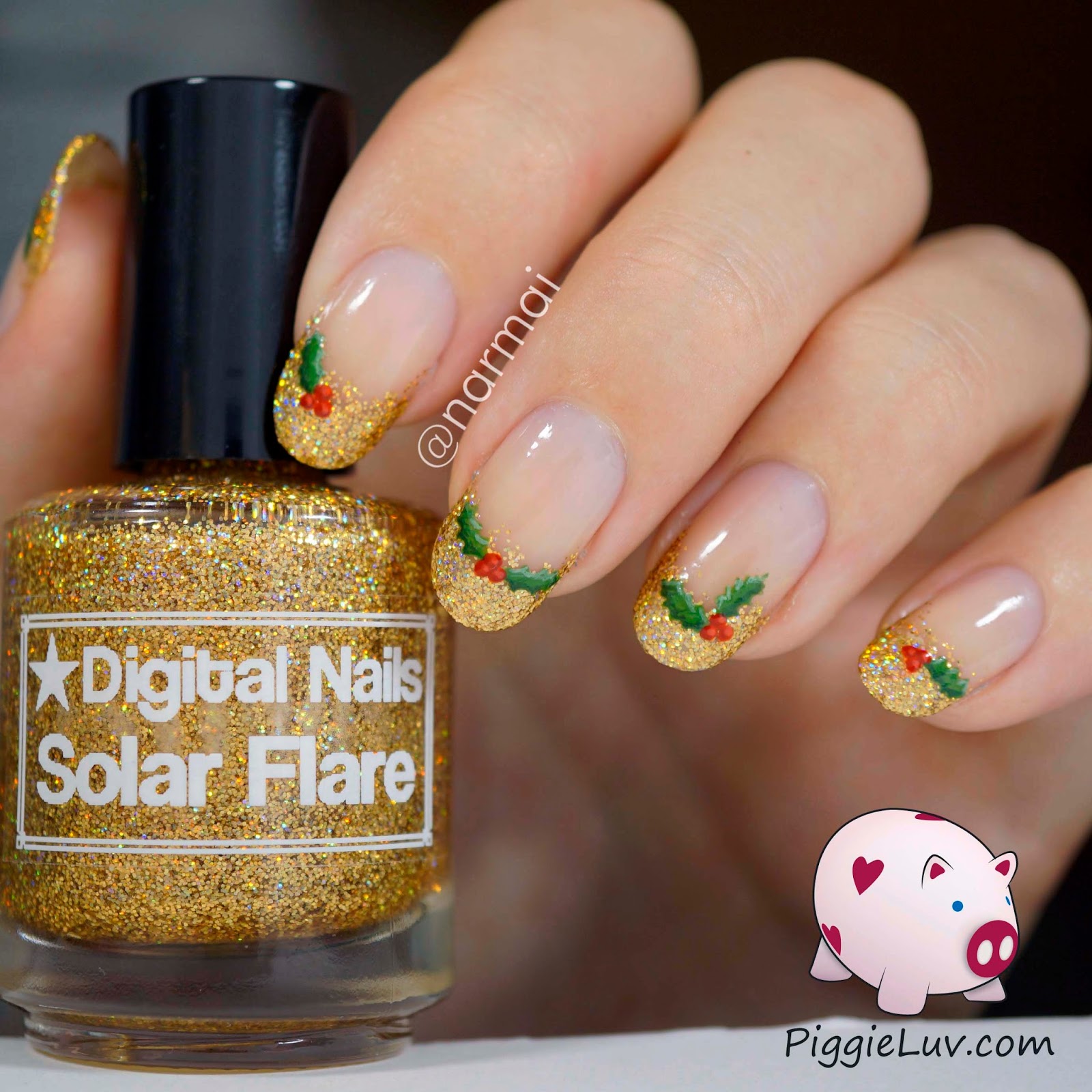 PiggieLuv Christmas holly nail art
