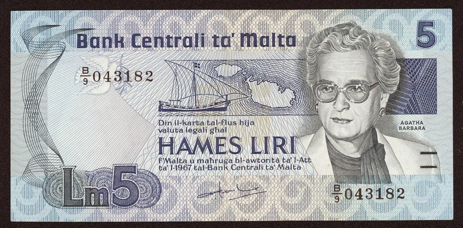 Malta 5 Maltese Lira banknote 1986 Agatha BarbaraWorld Banknotes