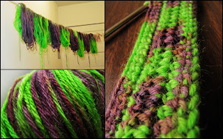 Lime green and grape purple variegated yarn, hanging to dry after being dyed, close-up of colors in yarn ball, and close-up of stitches when crocheted.