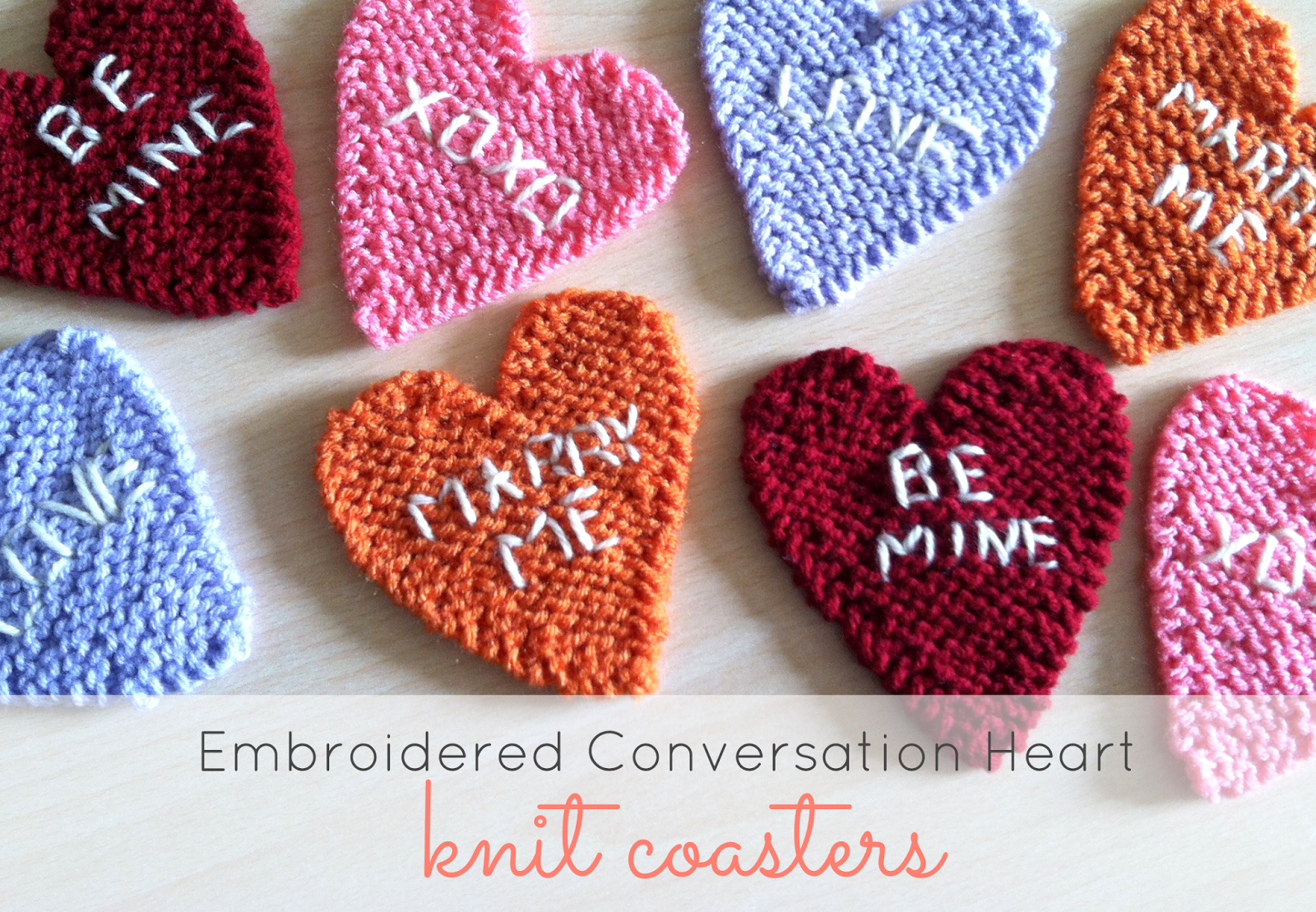 Embroidered Conversation Heart Knit Coasters Just B Crafty