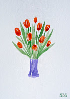 Red Tulips in Purple Blue Vase card watercolors
