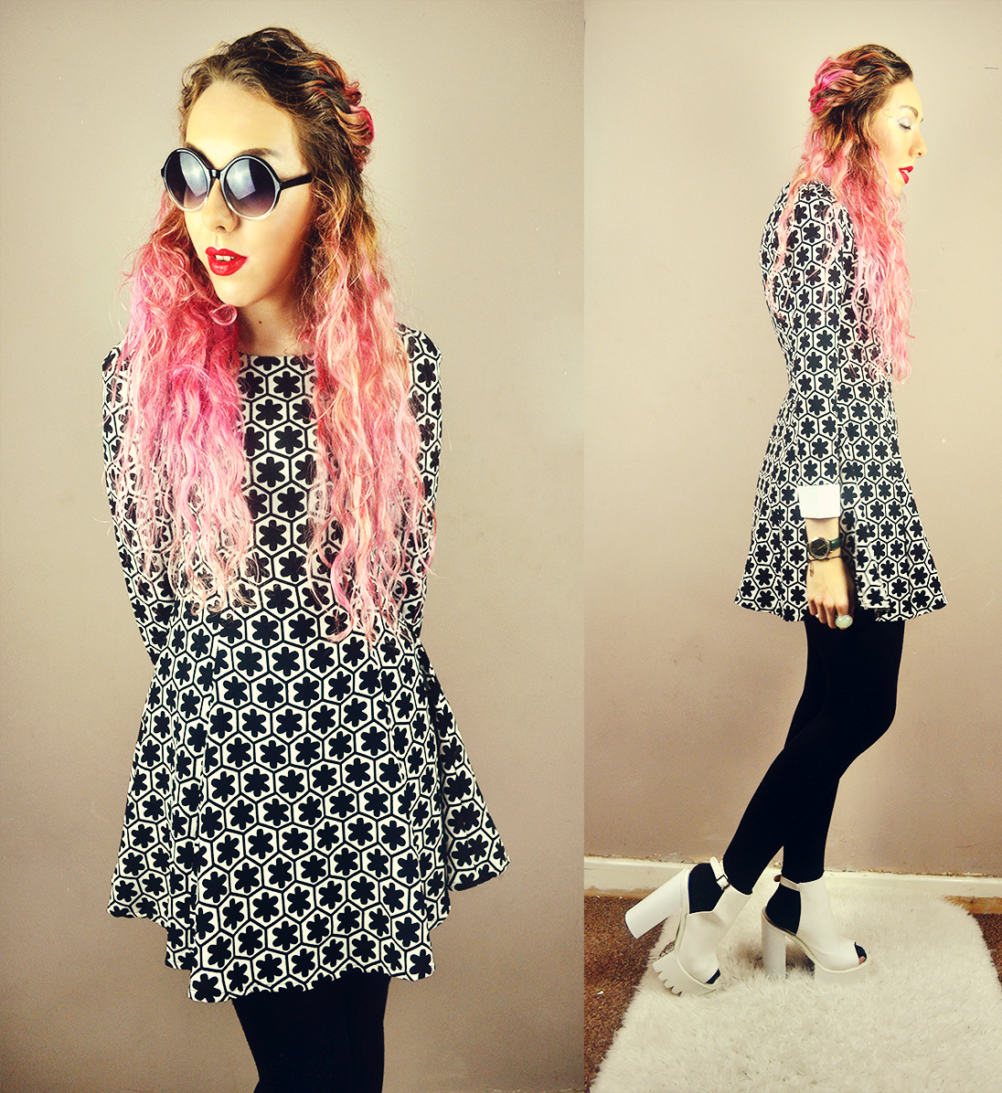 Stephi LaReine, Hidden Fashion 60s dress, spylovebuy cleated white heels, urban outfitters round ombre sunglasses, item m6 tights, uk fashion blogger, bloglovin, fbloggers, pastel