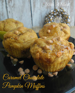 Caramel Chocolate Pumpkin Muffins ~ Deliciously moist, packed with Pumpkin & Chocolate Chips with a Caramel drizzle ~ perfect for breakfast, tea time, a snack or for the lunchbox #Muffins #PumpkinMuffins #FallRecipe