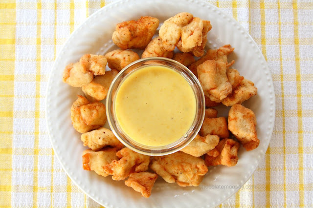 Imitation recipe for Chic Fil-A chicken nuggets with honey mustard dipping sauce. chicken nuggets; honey mustard sauce