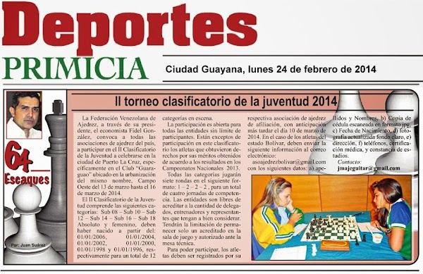 Columna "64 Escaques" / II CLASIFICATORIO DE LA JUVENTUD 2014 Columna "64 Escaques" / II CLASIFICATORIO DE LA JUVENTUD 2014