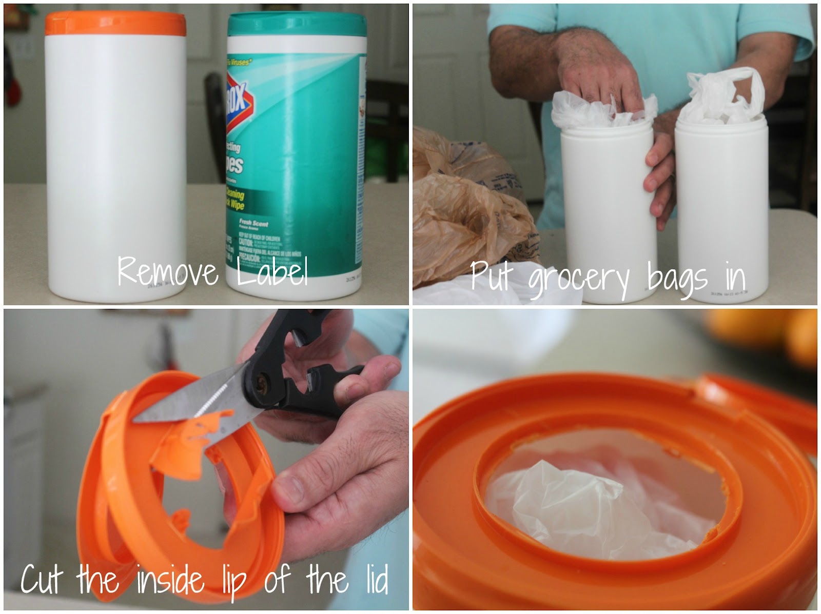 The Red Apron Grocery Bag Holder made from Clorox Wipes Dispenser