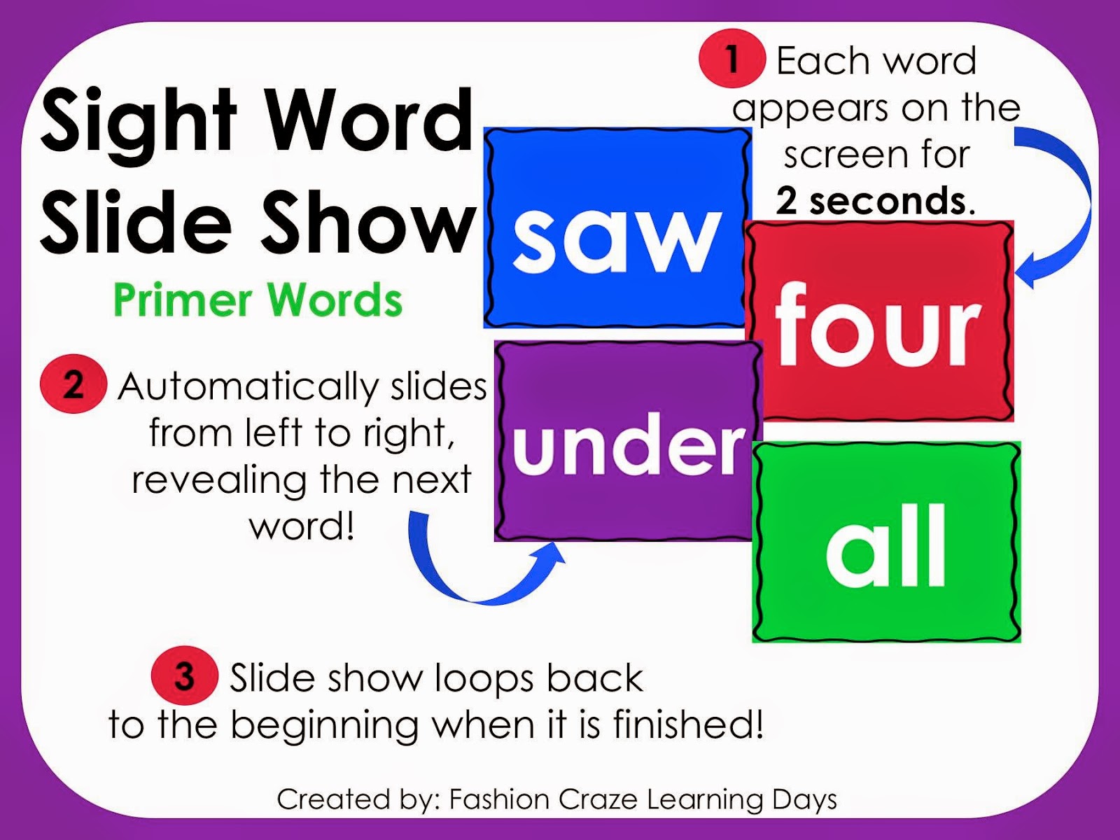 Pre-Primer and Primer Sight Word Slide Shows | Fashion Craze Learning Days