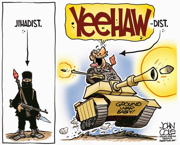 Picture:  Left, lone jihadist.  Right, tank piloted by Congressional GOP shouting, 