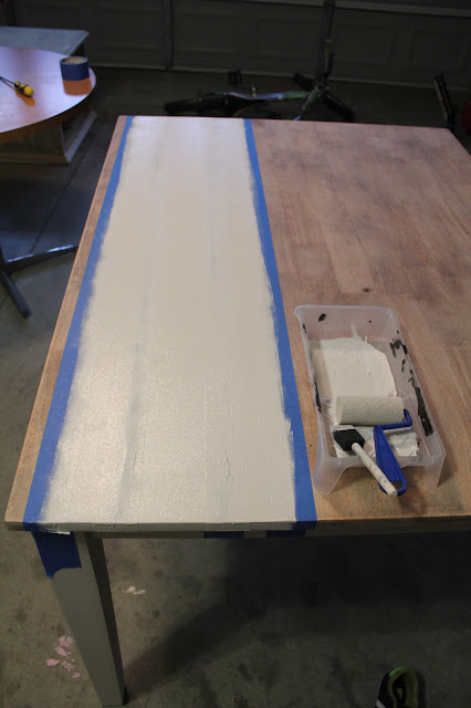 dark walnut stain, chalk painted table, how to glaze over paint with stain, how to paint stripes