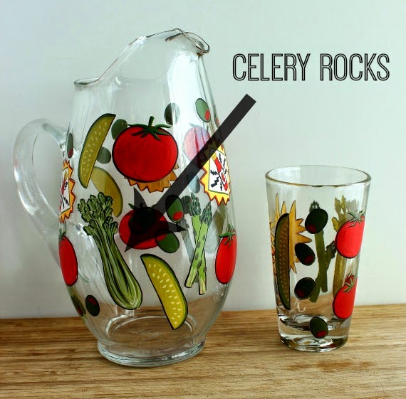 Creamy Roasted Celery Soup Hand Painted Bloody Mary Pitcher and glasses - www.kudoskitchenbyrenee.wazala.com