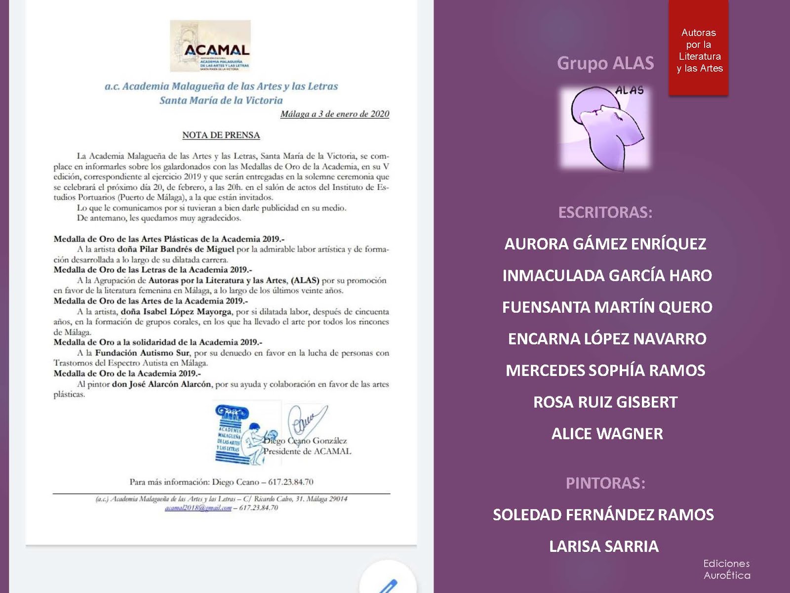Medalla de Oro a las Letras concedida por la Academia Malagueña de las Artes y  las Letras