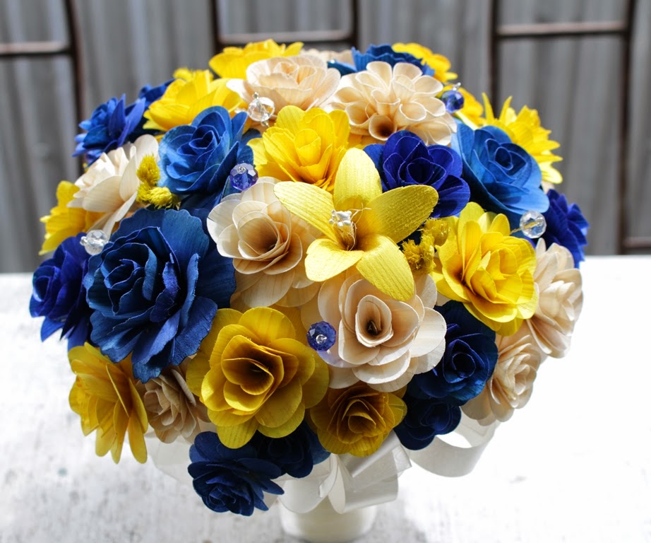 Royal Blue and Yellow Wedding Bouquets Made of Wooden Flowers Reduce