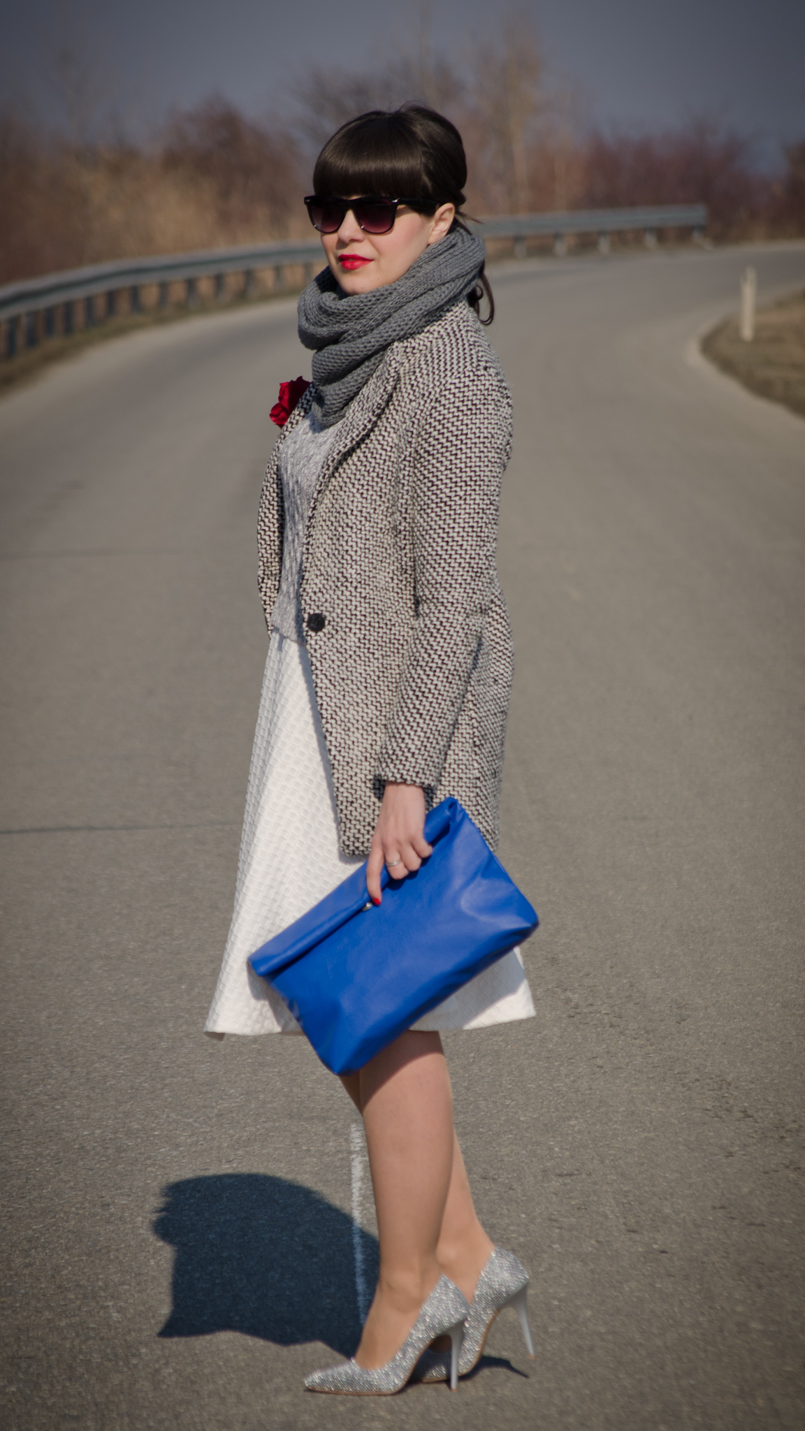 white full circle h&m skirt grey sweater sheinside coat scarf grey sparkly heels cobalt blue clutch new yorker