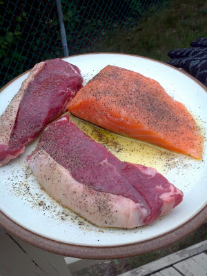 Steaks and Salmon Ready to Grill - Photo by David Yussen