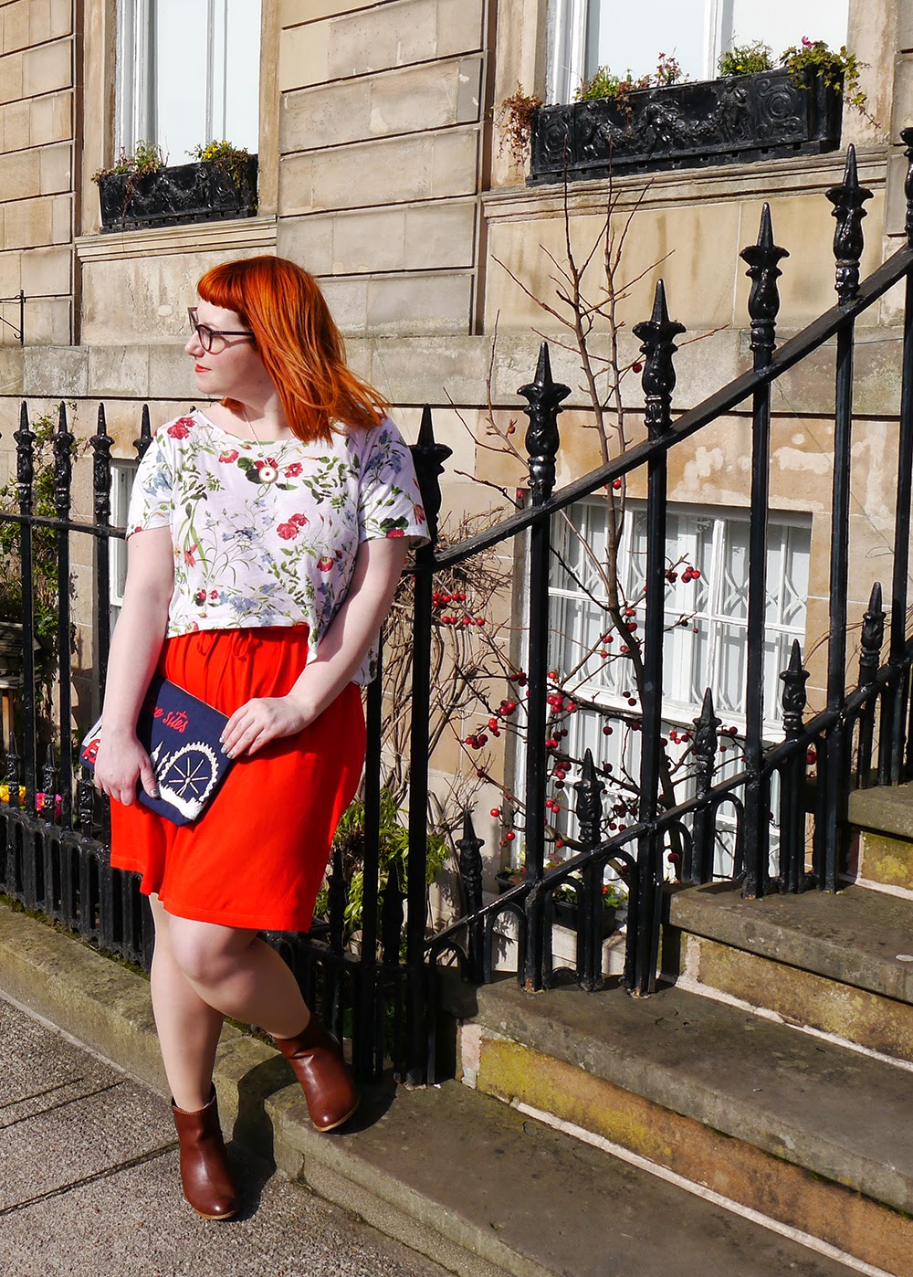 What Helen Wore, Scottish Blogger, Red Head, Glasgow, Hillary's Crafternoon, Sugar & Vice, cherry bakewell necklace, comfy style, bright colours, floral tee, Zara flower print tshirt, H&M red jersey dress, Zara brown boots, SewLomax day time sites bag