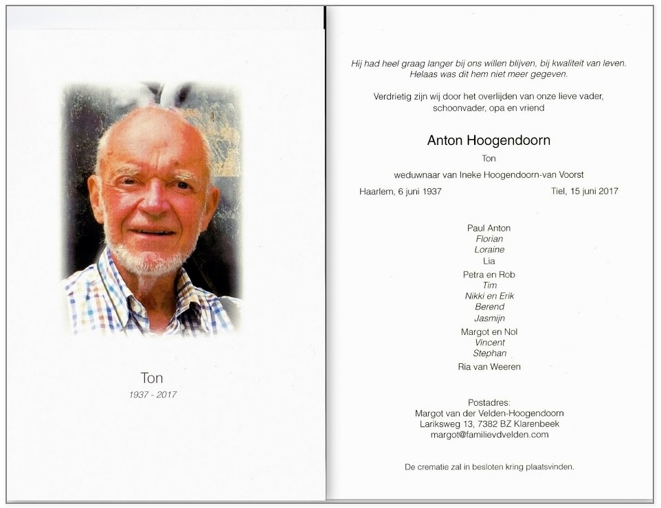 Ton Hoogendoorn overleden op 15 juni 2017