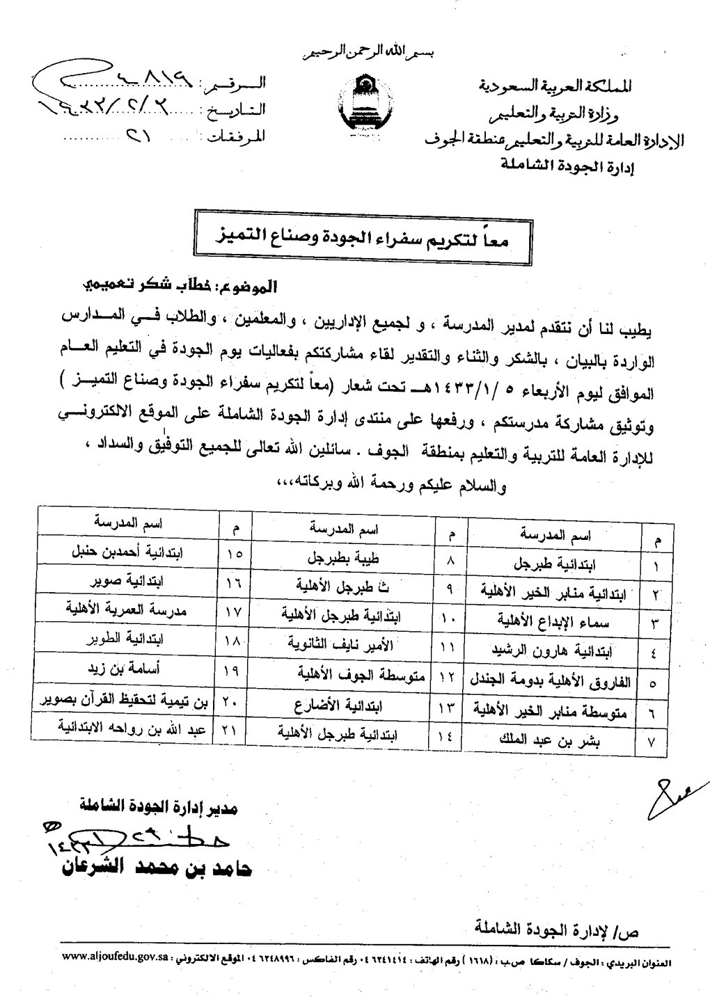 خطابات الشكر والتقدير 2015