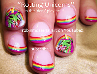  Zombie Unicorn Nails, Rainbow Tip Nail Art Tutorial, Evil Unicorn nails, Rotting Unicorn Nail Art, Unicorn Nail Art, Epic Rainbow Nail Art, Rainbow French Manicure, St. Patrick's day nails, Funny nail art, Weird Nail art, Creepy Nails,   