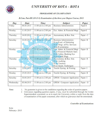 B.Com. Part 3 Timetable 2013 Kota University 