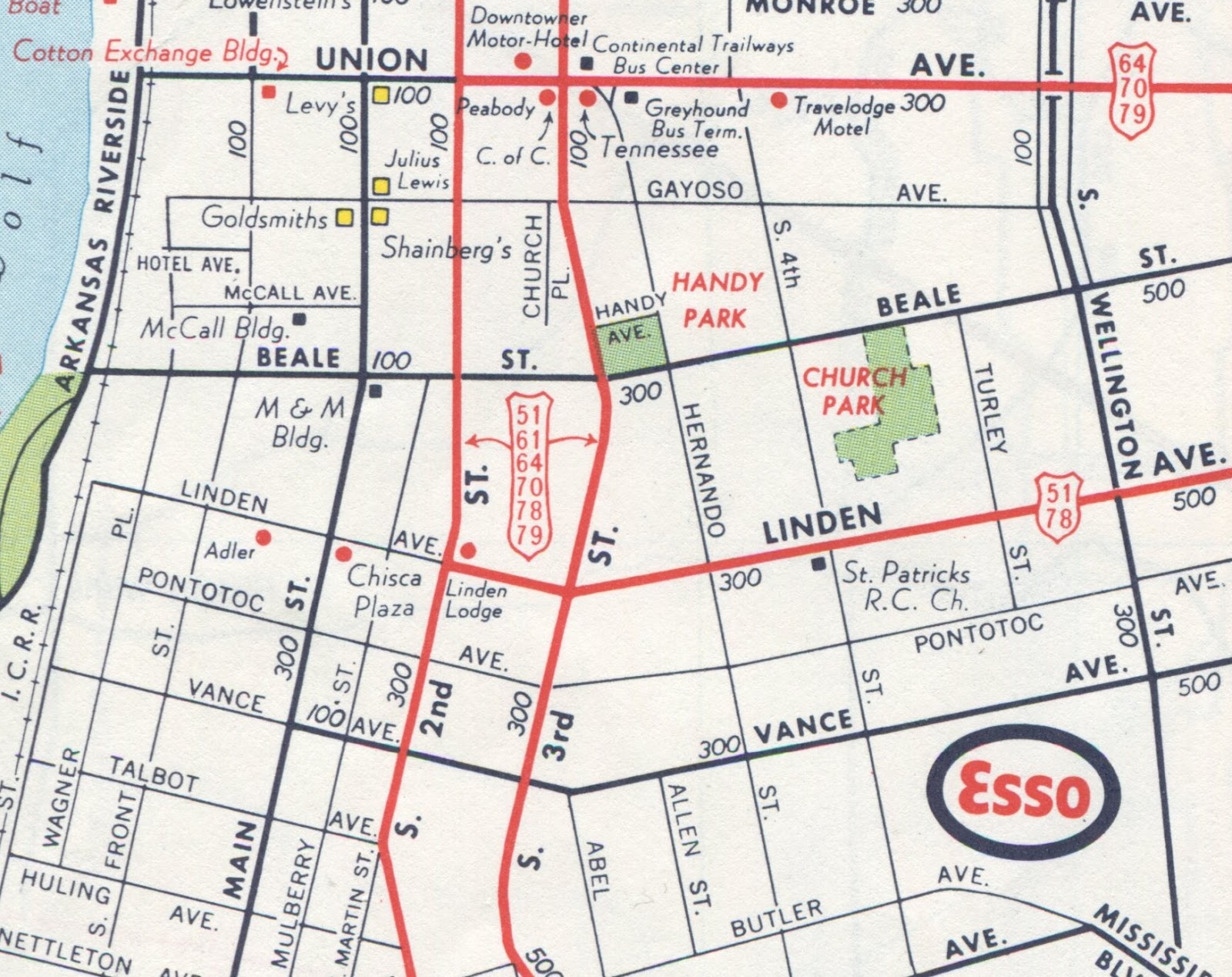 this map also uses an especially elongated shield to indicate the many us highways that converge downtown despite the construction of the hernando de soto this map also uses an especially elongated shield to indicate the many us highways that converge downtown despite the construction of the hernando de soto