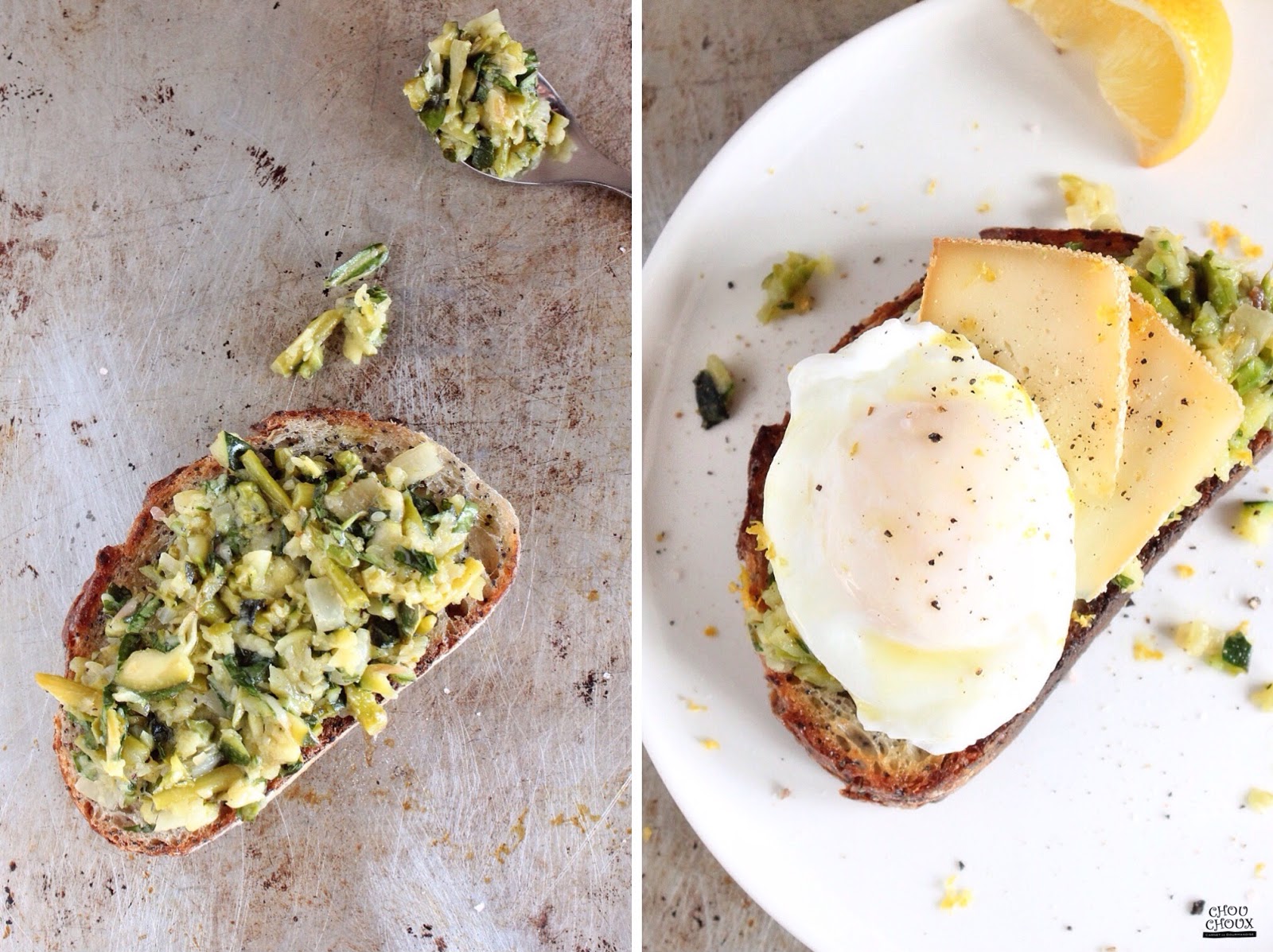 My Chouchoux Asparagus & Zucchini Tartine with Poached Egg, Cheese