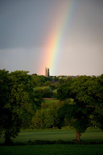 Rainbow over church