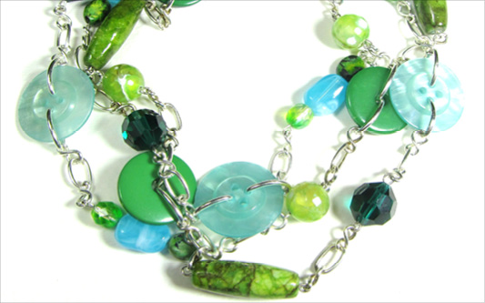 Enchanted Mermaid Necklace Long layered necklace with elegant buttons, striking semi precious stones and beads