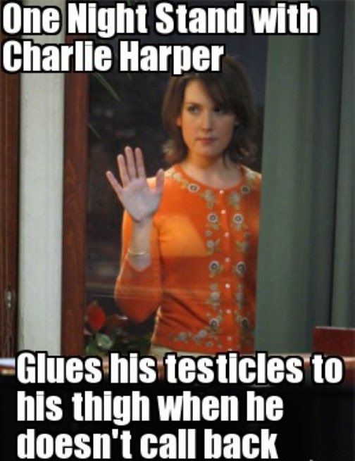 One night stand with Charlie Harper. Glues his testicles to his thigh