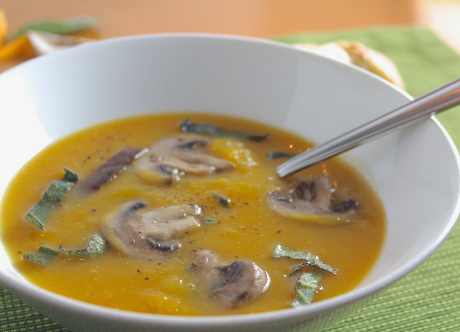 Cooking Chat Butternut Squash Soup with Sage and Sautéed Mushrooms for