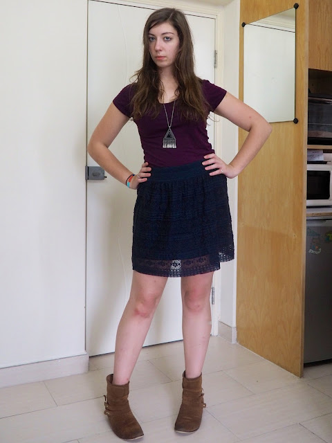 Shades of Midnight | outfit of purple t-shirt, dark blue lace skirt and brown suede ankle boots