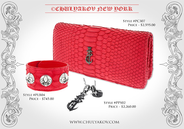 Designer Diamond Python leather clutch and leather bracelet with sterling silver 