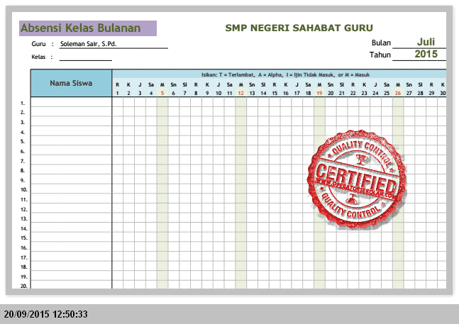 CONTOH FORMAT ABSENSI KELAS BULANAN UNTUK SISWA SD, SMP