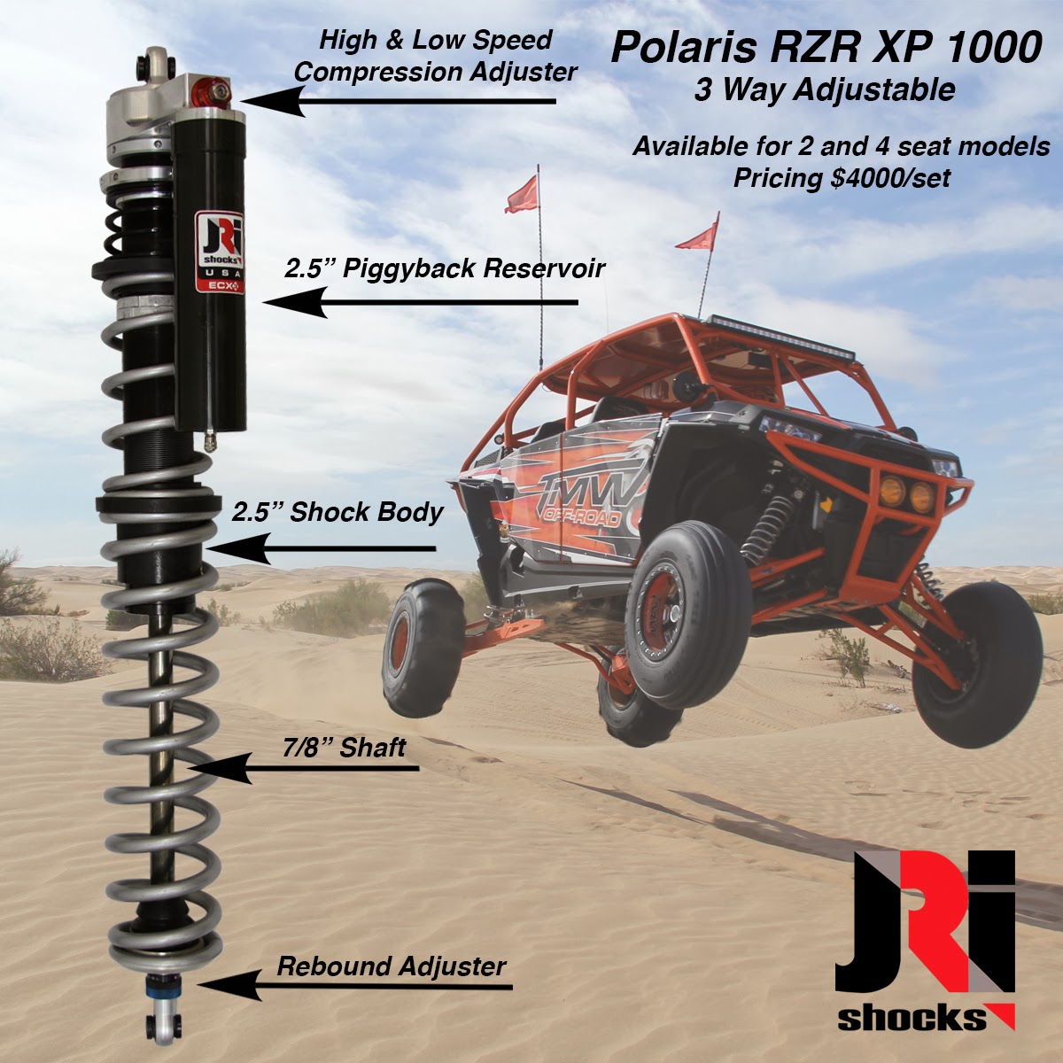 Factory Replacement JRi 3 Way Adjustable Shock now available for RZR XP 1000 and RZR XP4 1000